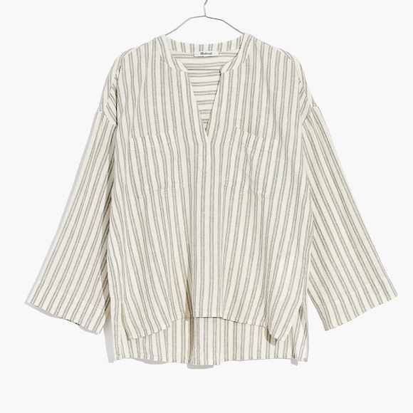 Madewell Linen Blend Lakeline Popover Shirt  NF313 Hester Stripe Cream Green XS - Picture 1 of 6